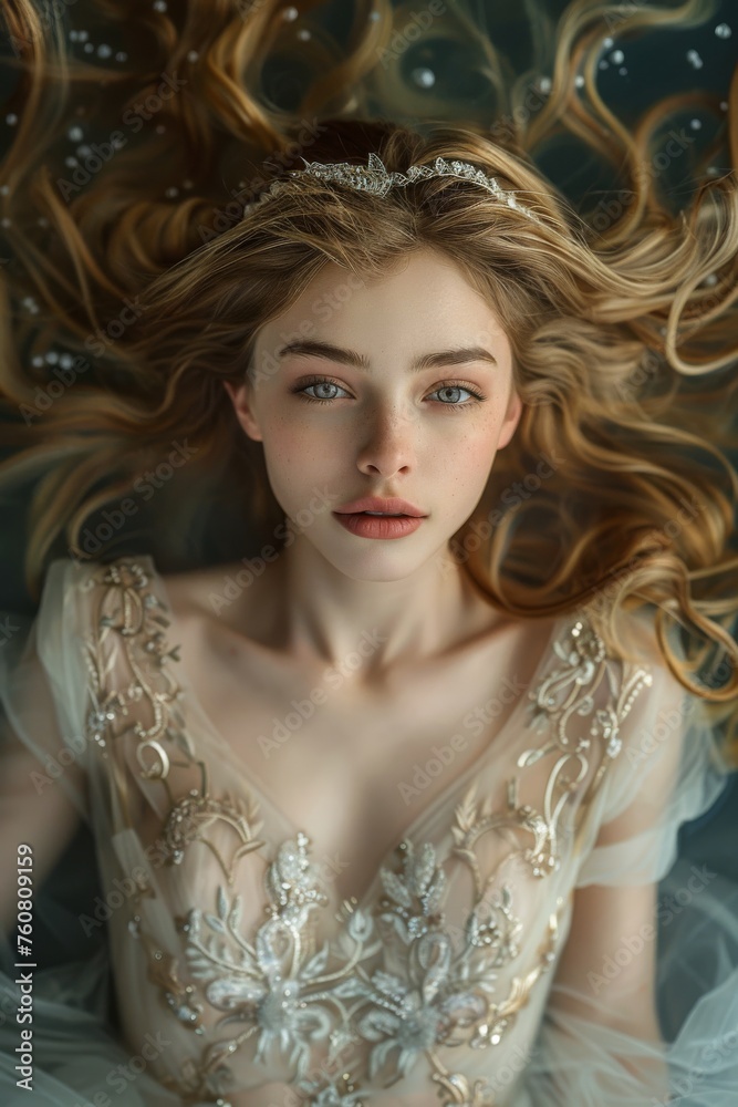 Ethereal Golden-Haired Girl in Elegant Dress, Fantasy Portrait Illustration. Generative AI.
