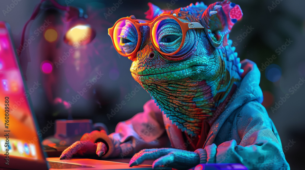 cool cameleon in hipster outfit working on apple mac, colorful, bright light, digital art --ar 16:9 --stylize 250 Job ID: aeafb4ab-47b6-46fa-ad96-bc037c5a8e52
