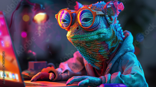 cool cameleon in hipster outfit working on apple mac, colorful, bright light, digital art --ar 16:9 --stylize 250 Job ID: aeafb4ab-47b6-46fa-ad96-bc037c5a8e52