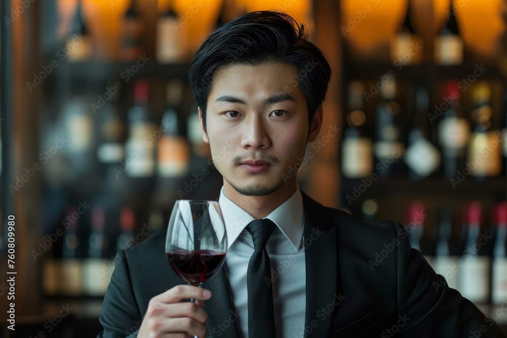Elegant Asian cute businessman wine glass. Face room. Generate Ai