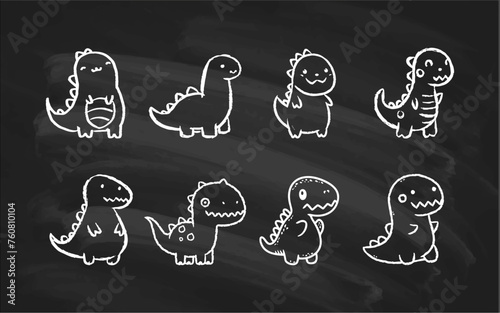 Kawaii Dino Zeichnungen auf Kreidetafel: Vektorgrafik Illustrationen