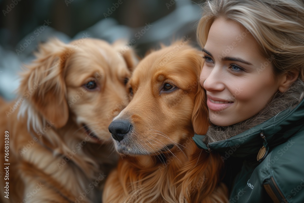 Smiling young woman embraced by two affectionate golden retrievers, highlighting a joyful union