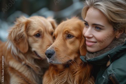 Smiling young woman embraced by two affectionate golden retrievers  highlighting a joyful union
