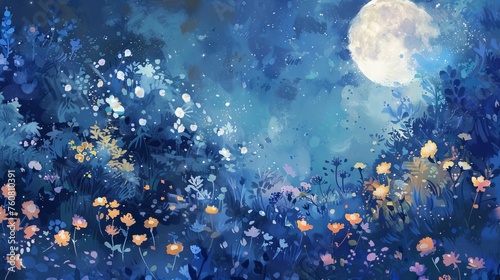 Moonlit garden with nocturnal flowers and watercolor hues, creating a serene and mysterious night-time atmosphere.