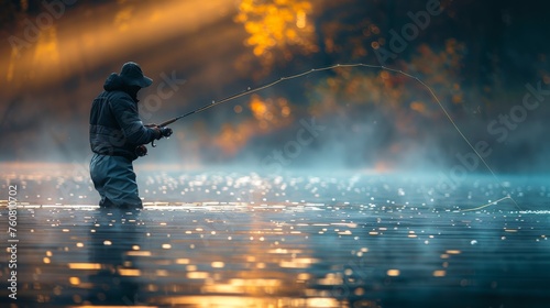 Man Standing in Lake Holding Fishing Pole