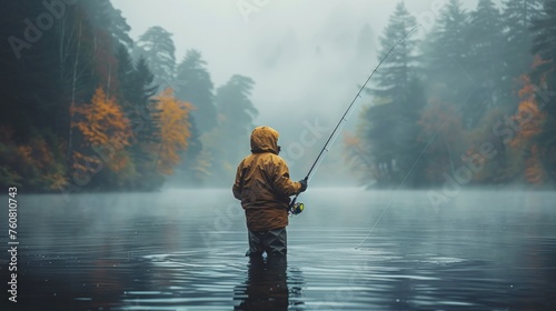 Man Standing in Lake Holding Fishing Pole © olegganko