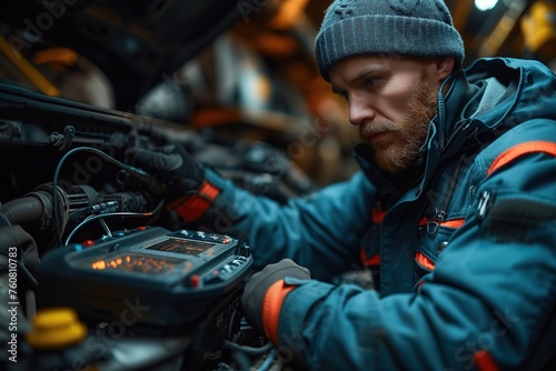 A skilled auto mechanic is carefully performing a diagnostic test on a car's engine using sophisticated electronic tools