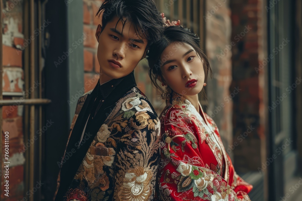 Stylish Asian fashion couple clothes. Casual lifestyle. Generate Ai