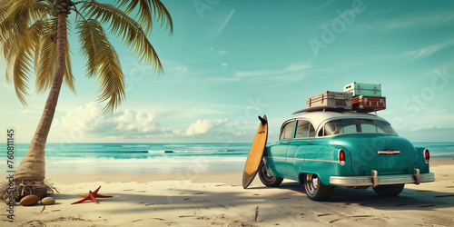 vintage car on the beach in sunny weather with surfboard © Jonas Weinitschke