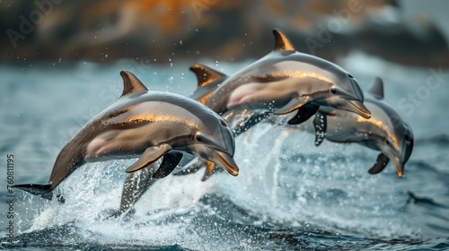 Three Dolphins Jumping Out of the Water at Sunset © olegganko