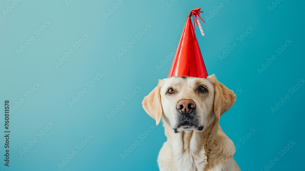 Cute dog celebrating with red pary hat - obrazy, fototapety, plakaty 