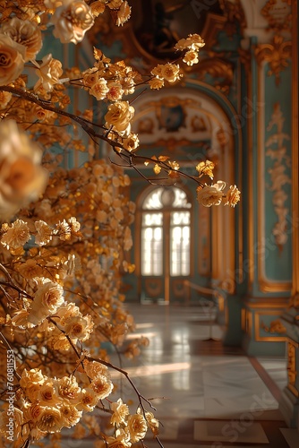 branches of golden roses in vintage light blue castle hall