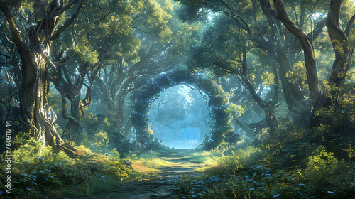 A magical  fantastic dense green forest with a blue portal visible between the trees. A fabulous illustration with a surreal and mystical atmosphere.