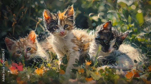 Playful kittens in a sunny garden, captured with whimsical oil painting textures.
