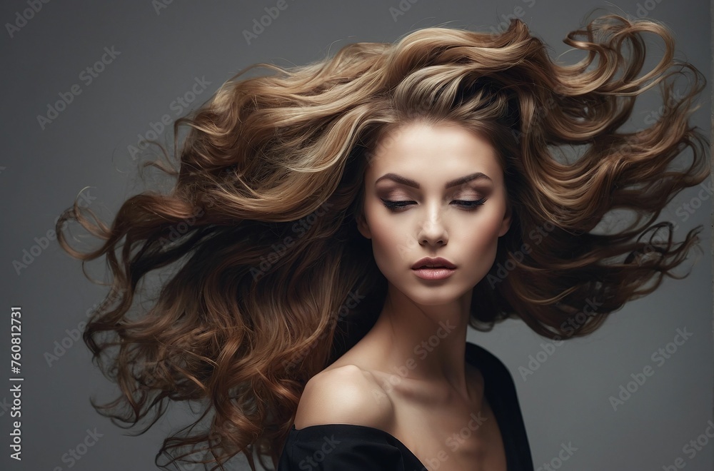 Fototapeta premium Woman glamour hair fashion model female face beauty. Beautiful model girl with long wavy and shiny hair. Brunette woman with curly hairstyle. A girl's perfect skin tone