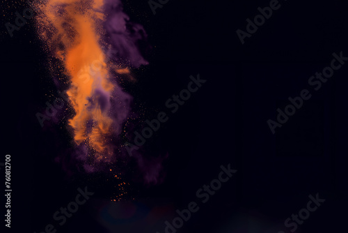 fond, background, abstrait, poudres de couleur, comme des fumées se mélangeant orange et violet, couleurs complémentaires. Fête Holi, fête des couleurs hindouisme, 