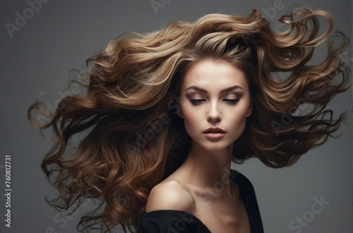 Woman glamour hair fashion model female face beauty. Beautiful model girl with long wavy and shiny hair. Brunette woman with curly hairstyle. A girl's perfect skin tone