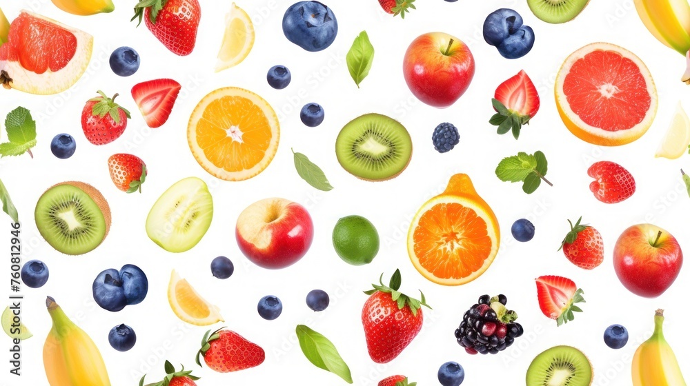 Fruits seamless pattern. Fruits floating in the air isolated on white background.