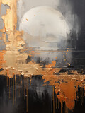 Abstract vertical painting with golden bruh strokes, a spherical shape, like a sun or moon, scratches and paint drips.