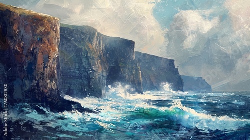 Rugged coastal cliffs with crashing waves below, rendered in dramatic oil painting textures.