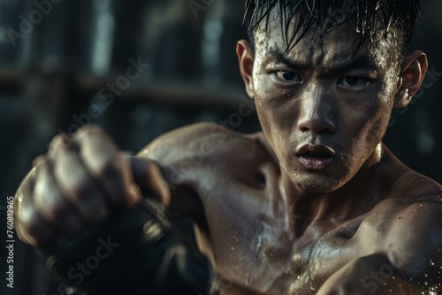 Agile Asian man fighting on street. Young guy athletic outdoor training workout. Generate ai