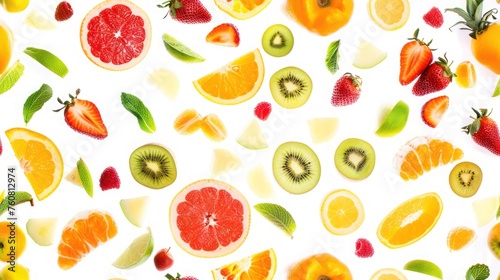 Fruits seamless pattern. Fruits floating in the air isolated on white background.