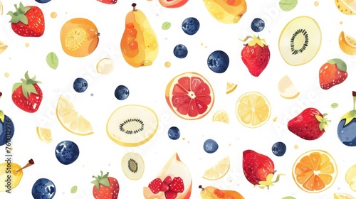 Fruits seamless watercolor pattern. Fruits floating in the air isolated on white background.