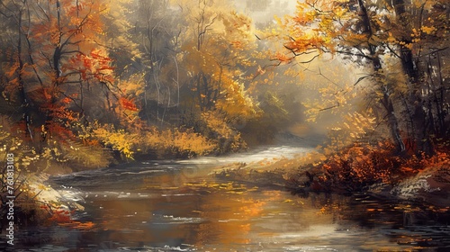 Rustic autumn landscape with a winding river and changing leaves, captured in oil paint.