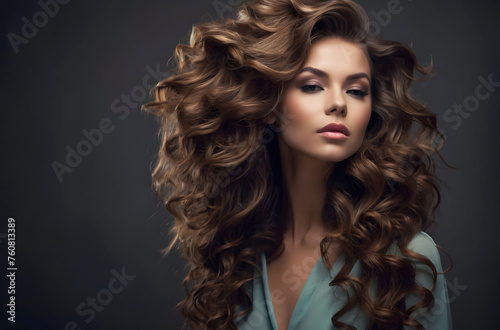 Woman glamour hair fashion model female face beauty. Beautiful model girl with long wavy and shiny hair. Brunette woman with curly hairstyle. A girl's perfect skin tone