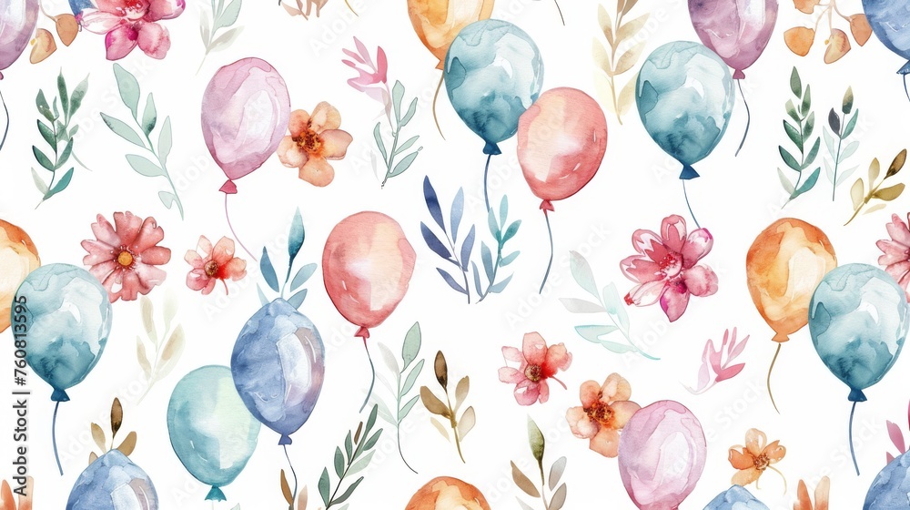 Seamless watercolor pattern with whimsical flowers and festive balloons. - obrazy, fototapety, plakaty 