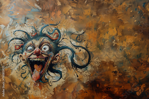 grosse tête du carnaval de Nice, personnage avec des cheveux ressemblant aux bras d'une pieuvre tirant la langue avec les yeux exorbités.  Fond texturé marron avec espace négatif copy space photo