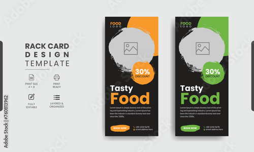 Fast food restaurant business marketing roll up or banner template design with abstract background, logo and social media icon. Pizza, burger & healthy food sale web banner, rack card or flyer