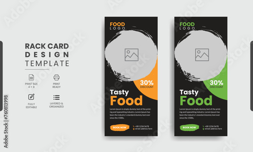 Fast food restaurant business marketing roll up or banner template design with abstract background, logo and social media icon. Pizza, burger & healthy food sale web banner, rack card or flyer