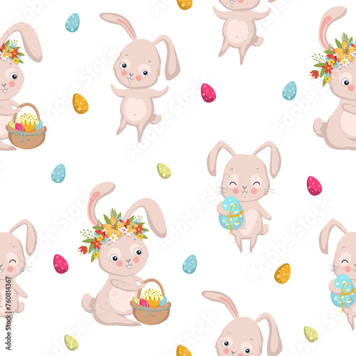 Seamless pattern of cute bunnies on white background with floral elements and eggs.