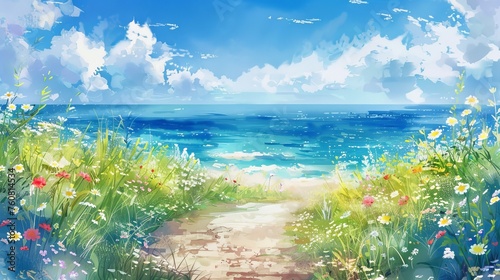 Sunny coastal path lined with watercolor flowers leading to the sea, symbolizing journey, hope, and new horizons.