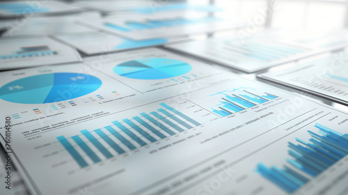 Close-up of a collection of business documents with various types of charts and graphs. 