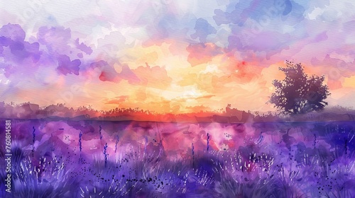 Sunrise over a watercolor lavender field, creating a sense of calm and the beauty of early morning in the countryside.