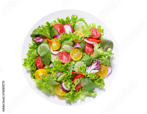 plate of green salad with fresh vegetables isolated on transparent background, top view