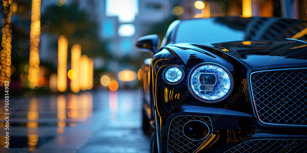 front headlight of a luxury black car parked on street front headlight of a luxury black car parked on street