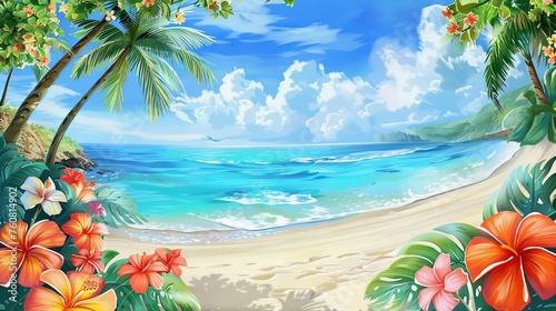 Tropical beach scene with watercolor flowers and palm trees, capturing the essence of a summer paradise and relaxed living.