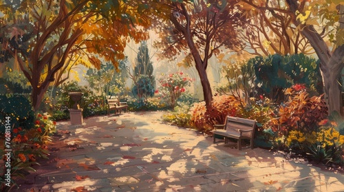 Uplifting oil painting of a rehabilitation center's garden in autumn, with patients finding solace among the trees and flowers. photo