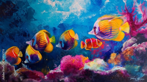 A group of colorful tropical fish swimming gracefully amidst a coral reef, their vibrant hues painting the ocean floor.