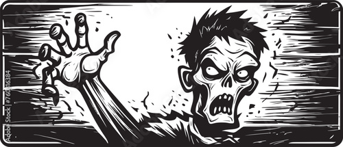 Cadaverous Commands Emblem with Zombie Hand and Signboard Sinister Signals Vector Logo of Zombie Hand Holding Signboard