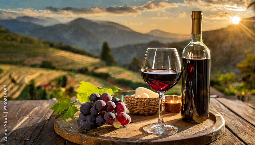 Fototapeta premium Wine bottles with glass of red wine on a vineyard