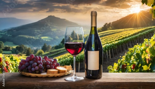 Wine bottles with glass of red wine on a vineyard photo