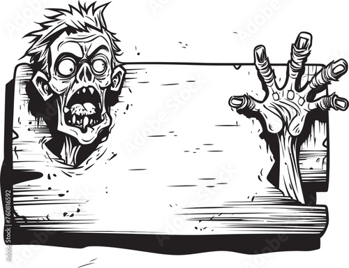 Malevolent Manifesto Logo Design with Zombie Hand Holding Signboard Spectral Suggestions Vector Symbol of Zombie Hand and Signboard