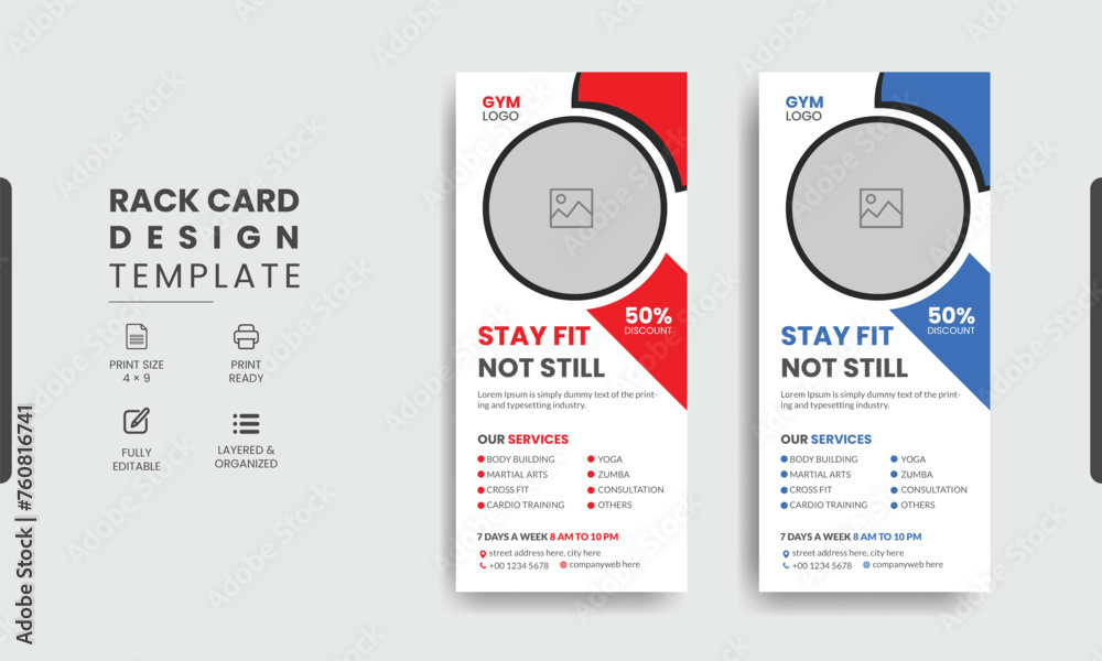 Gym & fitness rack card design template, Fitness gym social dl flyer or unique rack card vector design. Gym & fitness rack card design template, Fitness gym social dl flyer or unique rack card vector design.