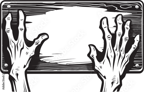 Forsaken Foray Vector Emblem of Zombie Hand Holding Signboard Macabre Messaging Emblematic Design Featuring Zombie Hand and Signboard