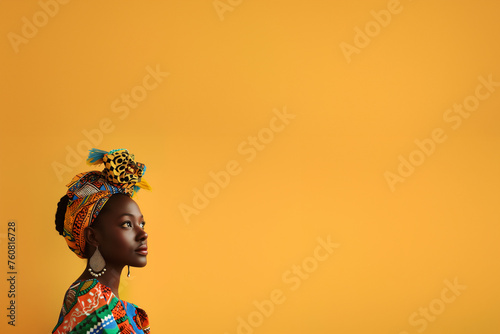 femme à la peau noire, habillée avec des vêtements typiquement africain, type boubou, aux imprimés colorés  avec une coiffure aux cheveux relevés sur fond jaune orange, jaune moutarde Copyspace photo