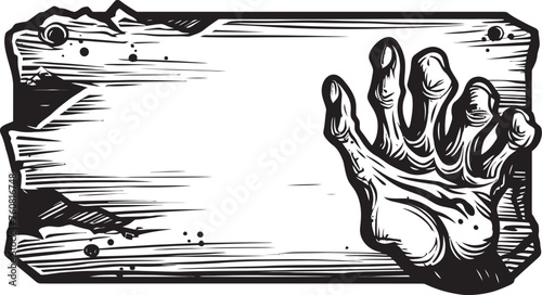 Cadaverous Commands Emblematic Design Featuring Zombie Hand and Signboard Sinister Signage Iconic Logo Design of Zombie Hand and Signboard